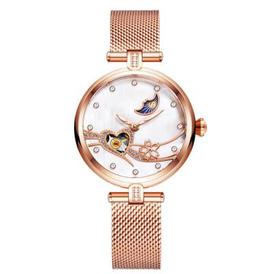 China Water Resistant Pearl Shell Dial 316L Stainless Steel Mesh Strap Rose Gold Automatic Mechanical Watches Women for sale