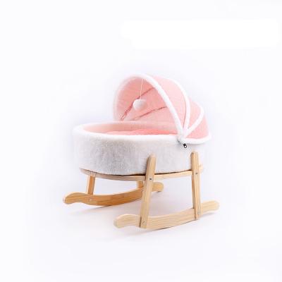 China New Design Viable Candy Pink With Lovely Cat Rocking Toy Ball Bed With Wooden Frame Cat Bed for sale