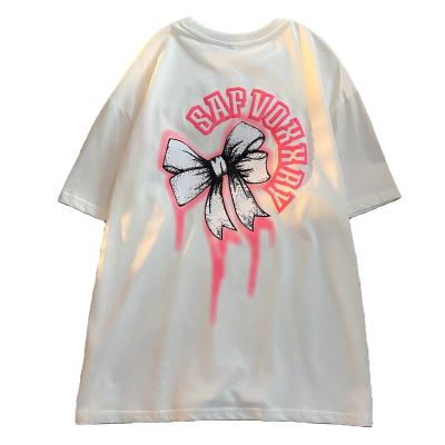 China Guochao hiphop retro bow printing sleeve women's short sleeve T-shirt graphics breathable summer street half sleeve for sale