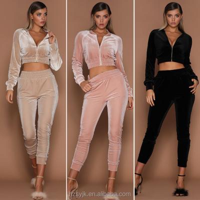 China Antibacterial Women 2Pcs Velor Zippered Tracksuit Velor Lounge Wear Sweatshirt Pant Tracker Set Tracksuit Set Women for sale