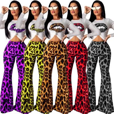 China 2021 QUICK DRY casual 2 piece sets fashionable leopard print fall lip print top and flare sleeve long pant women 2 piece pant sets for sale