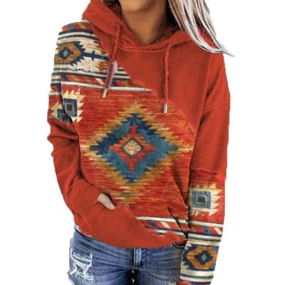 China Women's Wholesale QUICK DRY Printed Loose Hoodie, Retro Patchwork Long Sleeve Sweatshirt for sale