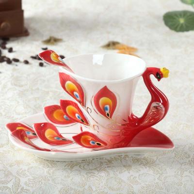 China High Grade Sustainable Peacock Coffee Mug Hot Selling Ceramic Tea Cup With Spoon And Dish for sale