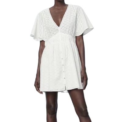 China 2022 summer new anti-static women's waist V-neck cavity dress 3449/933 new white embroidery mini PB&ZA for sale