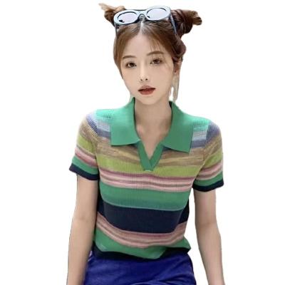 China 2022 Summer New POLO Shirts Short Sleeve Rainbow Breathable Striped Contrast Knit Sweater High Waist Shorts Top for sale