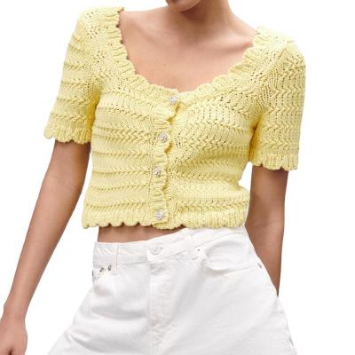 China 2022 PB&ZA Summers New QUICK DRY thin synthetic gemstone button knitted top women 4331/056 for sale