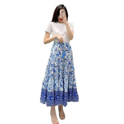 China 2022 new summer breathable women blue and white china skirt loose high waist printed PB&ZA long skirt 6895/250 for sale