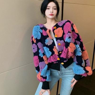 China New Anti-wrinkle Single Breasted Spring Knitted Round Neck Puff Sleeve Loose Cardigan Sweater Coat Color Matching for sale