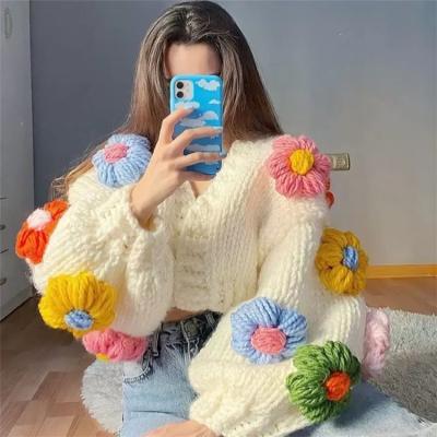 China Wholesale Hand Knitted Women's Winter Flower Lantern Chunky Sweater Coat Women's Sleeve Sweater Anti-wrinkle cardigan handmade cardigan for sale