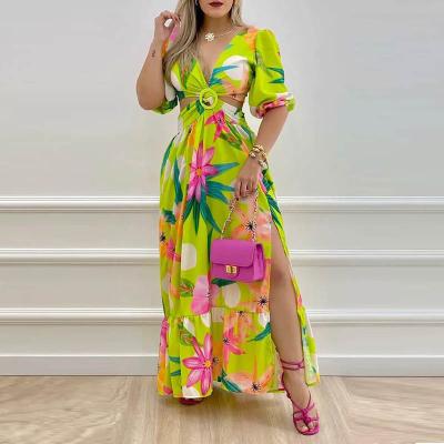 China Autumn Elegant High-Quality Anti-static Women's S Temperament Printing V-Neck Fashion Slit Belt Dress for sale