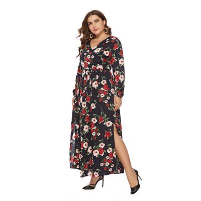 China New Autumn Long-Sleeved Women&'s plus size fashion floral print V-neck temperament casual dress for sale