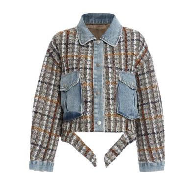 China Anti-wrinkle wind modern retro tweed denim jacket women stitching turn-down collar with pocket jackets for women for sale