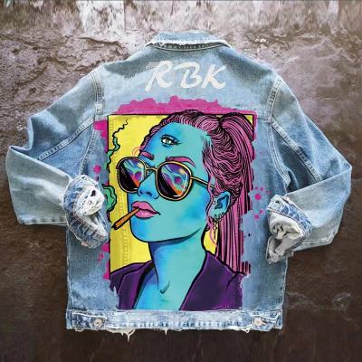 China Cartoon Printing Waterproof High Quality Jeans Tops Long Sleeve Women's Winter Coated Denim Lattice Jacket for sale