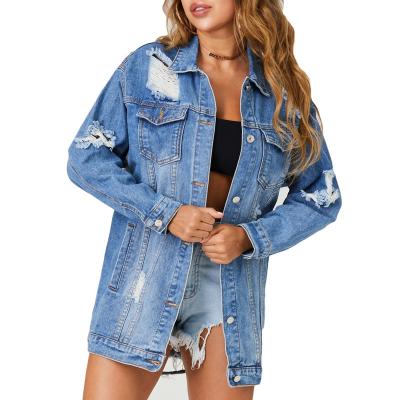 China Breathable Autumn Plus Size Jackets Women Long Coat Fashion Straight Blue Ripped Casual Denim Jacket Standard Jacket for sale