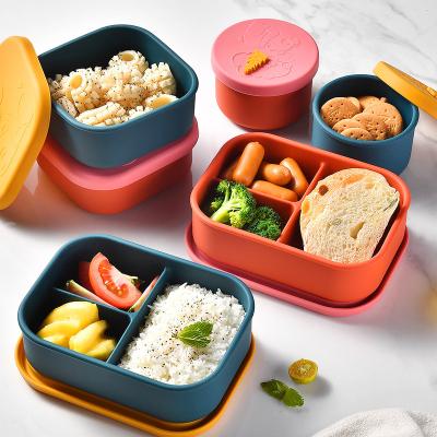 China Freshness Preservation Three Compartments Food Grade Silicone Lunch Box Portable Food Storage Kids Bento Lunch Box for sale