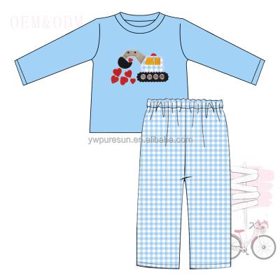 China Valentine's Day baby boy cotton shirt pants embroidery little boys outfits causal light blue boutique for sale