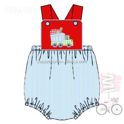 China 2022 hot sale newborn clothing causal back to school applique cotton seersucker lined snaps baby summer romper for sale