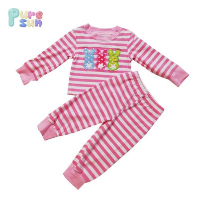 China Puresun Kids Girl Easter Bunny Embroidery Clothes Blue Stripe Cotton Casual Newborn Baby Easter Pajamas for sale