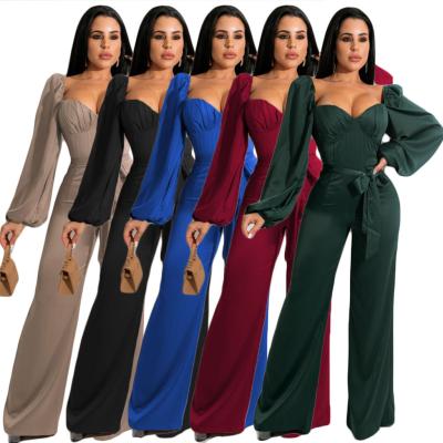 China Hot Selling Anti-wrinkle Bishop Sleeve Solid Color V-neck Flare Leg Elegant Women One Piece Overalls for sale