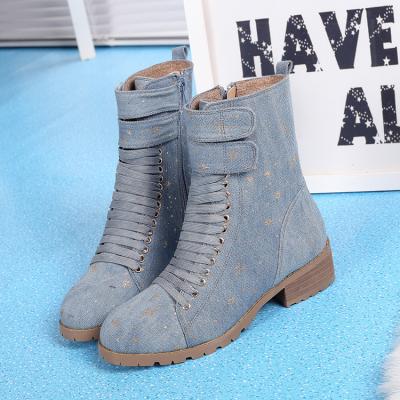 China 2020 Leisure Women's Fashion Microfiber Rubber Flat Lace Up Boots Wholesale High Quality Thick Mid Heel Boots for sale