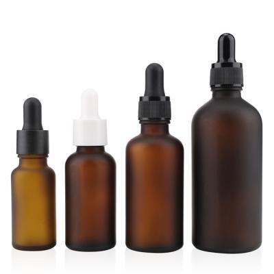 China Empty Cosmetic Packaging Round 30ml Essential Oil Bottle 10ml 15ml 30ml 50ml 60ml Frosted Amber Glass Boston Dropper Bottles for sale