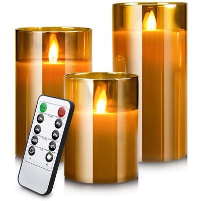 China Touch Style Real Wax Column Flickering Luxurious Movable Wick Effect LED Glass Golden Glass Set for sale