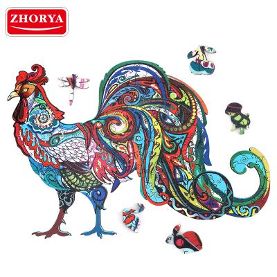 China Zhorya Eco-friendly Material Wooden Jigsaw Puzzles Rooster Shape Animals Wooden Puzzles For Adults for sale