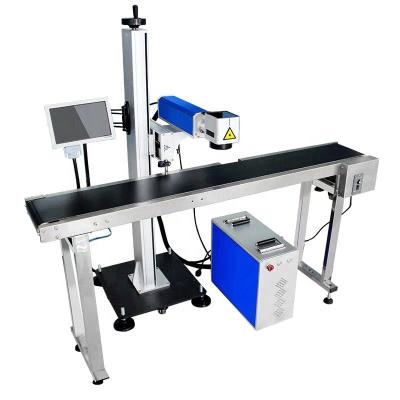 China Laser marking fast 30w speed batch coding and expire date code online CO2 flight laser marking machine for glass plastic bottle for sale