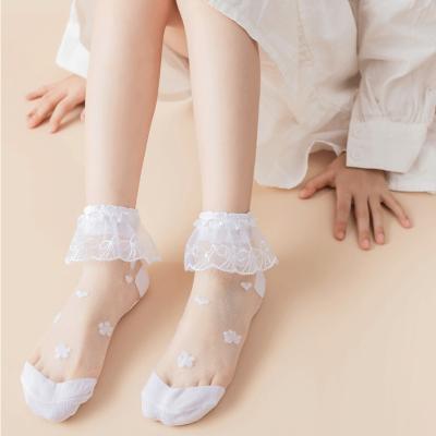 China New Summer Ultra-thin Princess Socks Girls Kids Crystal Socks Floral Pattern Invisible White Lace Abrasion Resistance Pretty Babies 1-10 Years for sale