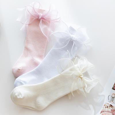 China New Spandex/Cotton Spring Babies 0-3 Years High Princess Transparent Gauze Ribbon Bow Cotton Knee Bangs Little Girl Light Color Stockings for sale