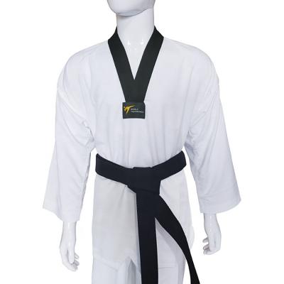 China Selling Polyester Martial Arts Color V Master Taekwondo Uniform Dobok Uniform Black Durable Warm White Neck for sale