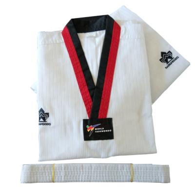 China Durable custom made Taekwondo main training stripe boxing v collar polyester red and black cotton beginer uniform for sale