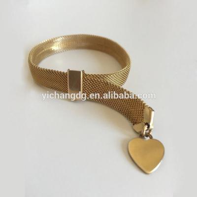 China Adjustable Mesh Slider Bracelet Heart Charm Bracelet Stainless Steel Gold Filled Snake Bracelet for sale