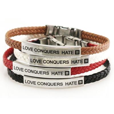 China Simple Stainless Steel Gold Braided Bracelet Designs Love Conquers Hate Bangle Bracelets For Men And Women for sale