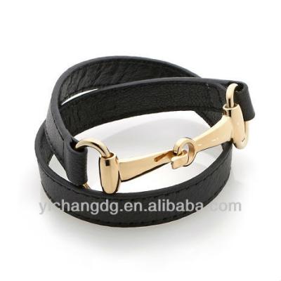 China Leather Wrist Black Horsebit Wrap With Stainless Steel Bracelet for sale