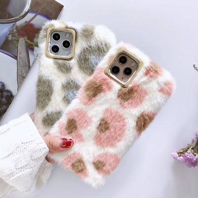 China Shockproof Leopard Print Plush Fur Phone Case For iPhone 13 Pro Max for sale