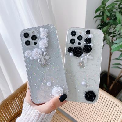 China Black And White Glossy Shockproof 3D Flower Phone Case Cover iPhone For iPhone 12 for sale