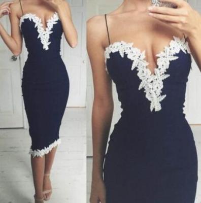 China Navy Blue Dress Lace Slit Sheath Dress Breathable Fitted Back V-Neck Lace Up Bodycon Mid Bandage Party Calf Dress for sale