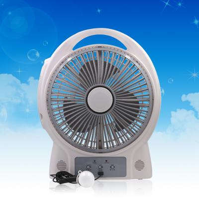 China 12 inch indoor/outdoor popular plastic radio with interior battery rechargeable table fan with light and speaker for sale