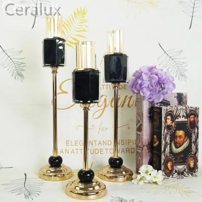 China Modern Luxury Home Decoration Gold Black Glass Candle Holder For Candlelight Dinner Hotel Cafe Restaurant Home Wedding Party for sale