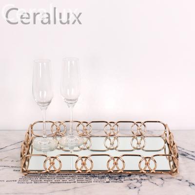 China Modern Morden Fragrance Vanity Rectangle Vanity Tray Luxury Fruit Golden Tray Metal Mirror For Home Serving Decor for sale