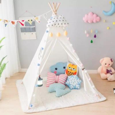 China indoor and outdoor 13*14*94cm white cotton canvas kids play teepee tent with wooden pole for sale