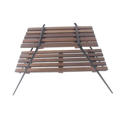 China Outdoor Manufacturer Supplier Portable Storage Rack Iron Frame Double Layer Wood Camping Display Rack for sale