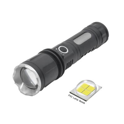 China Zoomable Super Bright Clover P50 LED Aluminum Tactical Torch, Waterproof Zoomable Focus LED Torch USB Rechargeable Flashlight for sale