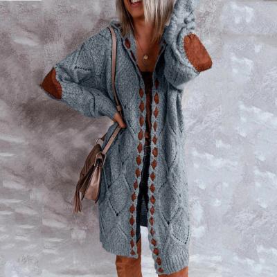 China None Hot Sale 2021 Autumn Winter Plus Size Hooded Suede Sweater Cardigan Sweater Color-blocking Long Sleeve Mid Length Coat for sale