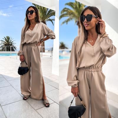 China 2021 summer new trend silk v-neck viable long-sleeved casual sports suit two-piece suit for sale