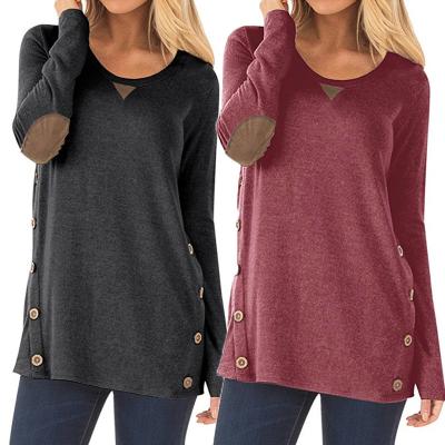 China 2021 New Hot Selling Autumn Long Sleeve Button Neck Long Sleeve Patch Decorated T-Shirt Viable Top Round Women for sale