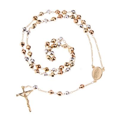 China Fashion Jewelry Religious Vintage 6mm Rosary Hot Selling Tricolor Catholic Brass Cross Pendant Necklace for sale