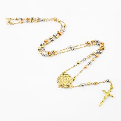 China Christian Catholic Religious Rosaries Jewelry Cross Pendant Beads Chain Long Gold Plated Rosary Necklaces for sale