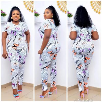 China 2021 QUICK DRY new spring hot sale plus size newspaper printed two pieces set short sleeve pencil pants for sale